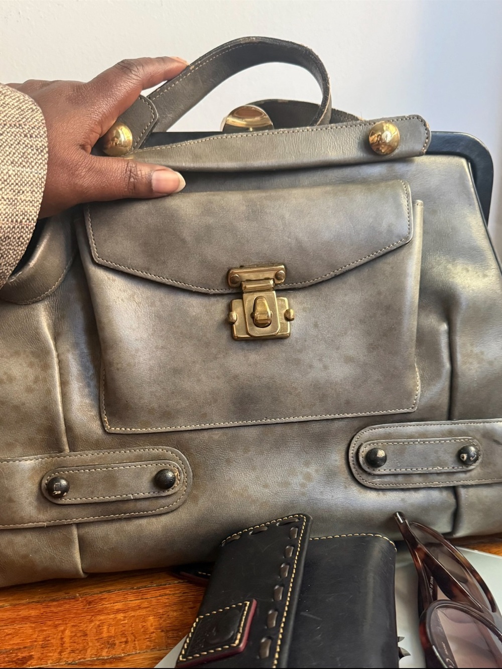 Vintage Continental Doctor Bag Gray Kiss Lock Satchel Distressed Patina Purse